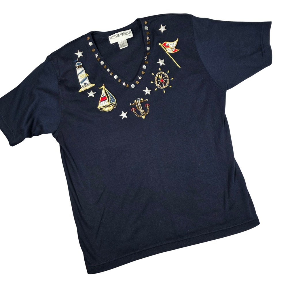 Vintage Victoria Harbour Nautical Top Blue Beaded MED‎ Sailing Yacht Preppy 90s